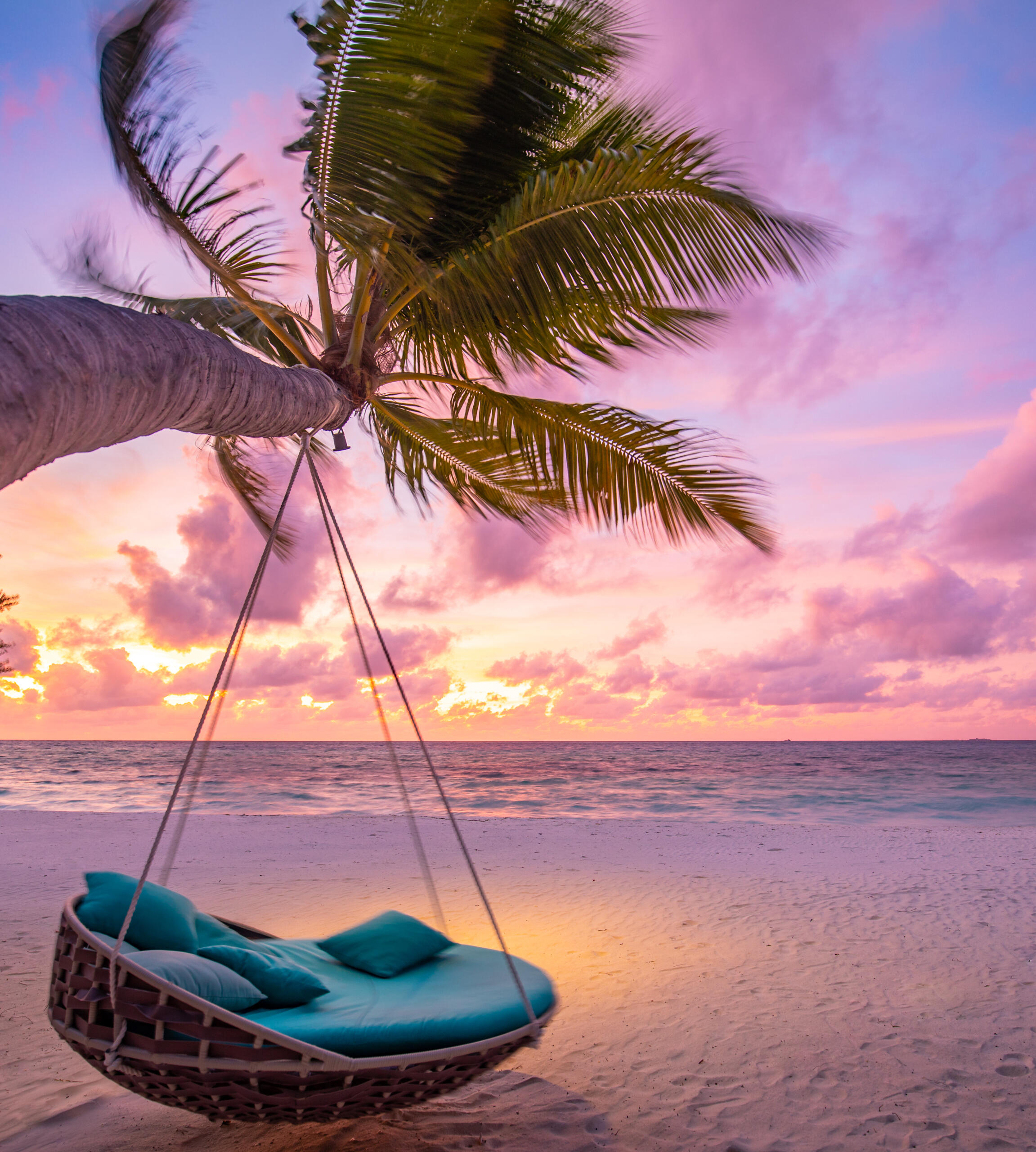 Burnout Be Gone Scene of round lounge couch suspended from a palm tree on the beach with the ocean yards away, peach, purple, orange, pink, and blue skies.